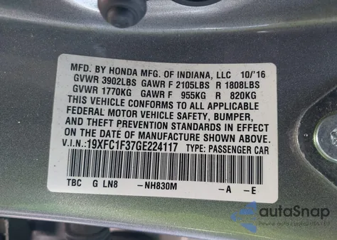 2016 Honda Civic Ex z USA, uszkodzony, nr VIN 19XFC1F37GE224117